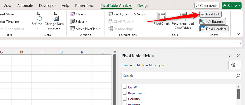 Кнопка «Список полей» на вкладке Анализ сводной таблицы в Excel.