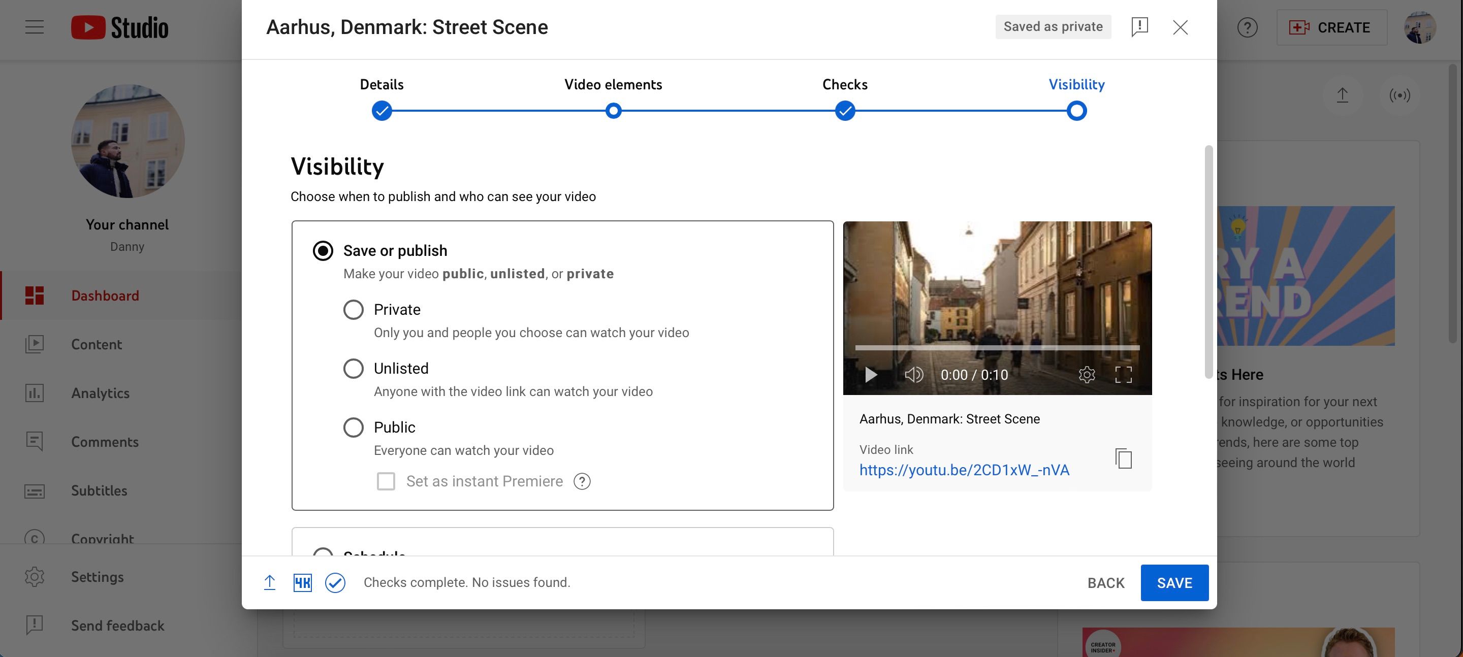 Кнопка сохранения и загрузки видео в YouTube Studio