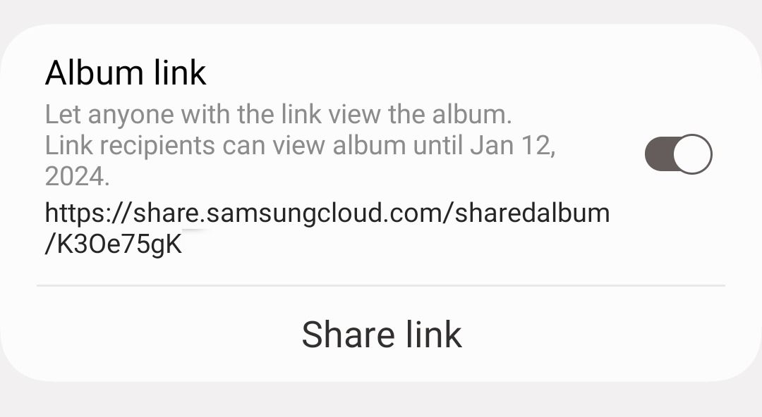 Creating an album link for a shared album in Samsung Gallery
