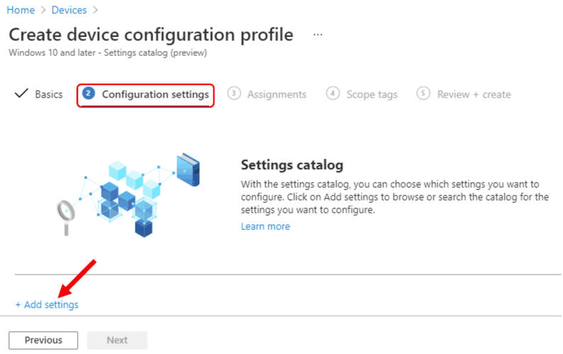 Кнопка Add settings в Intune