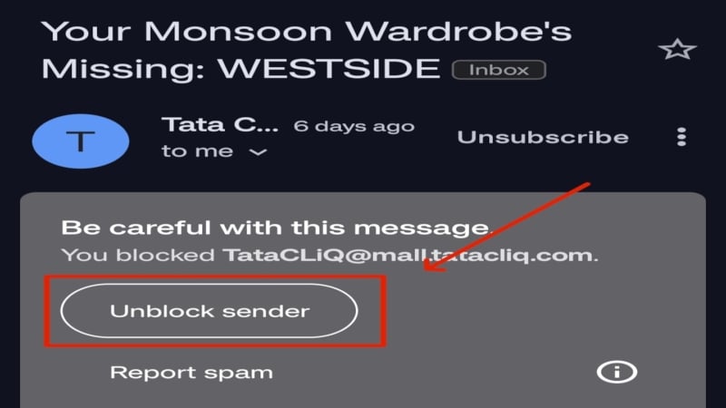 Изображение: разблокировка отправителя в приложении Gmail на телефоне