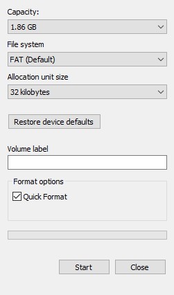 Окно форматирования диска с выбором файловой системы NTFS