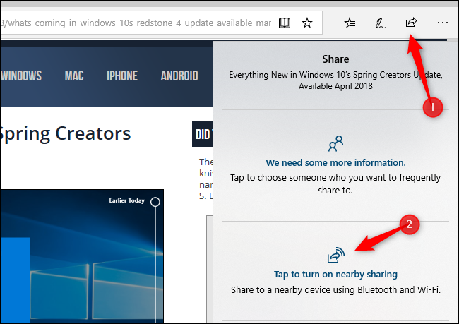 Скриншот диалога Share с опцией включения Nearby Sharing