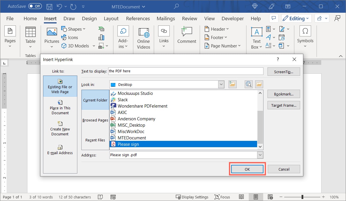 Кнопка ОК для вставки ссылки