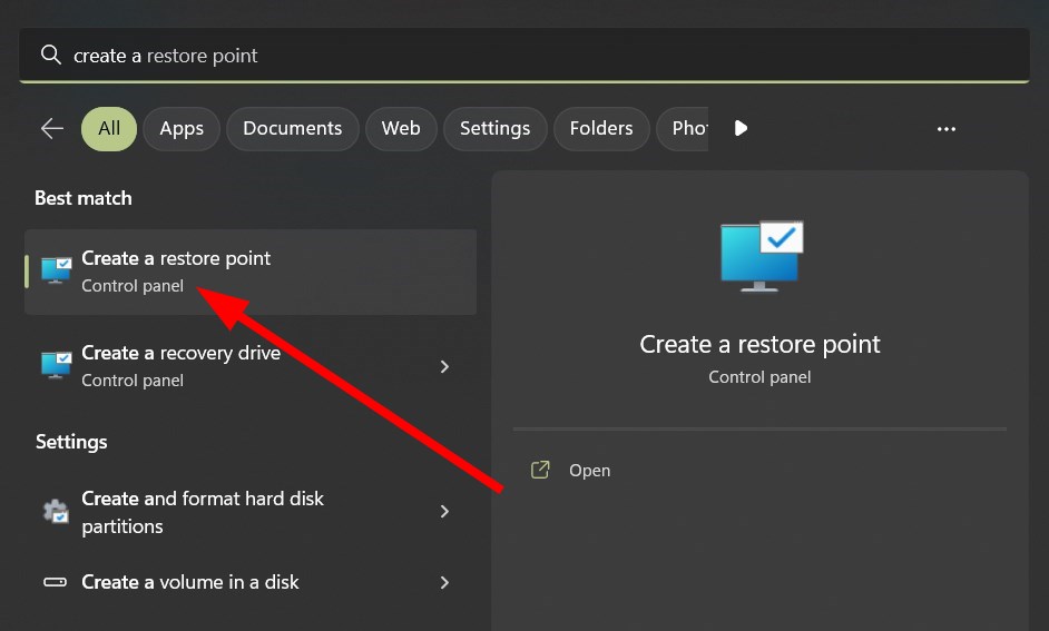 Окно создания точки восстановления в Windows