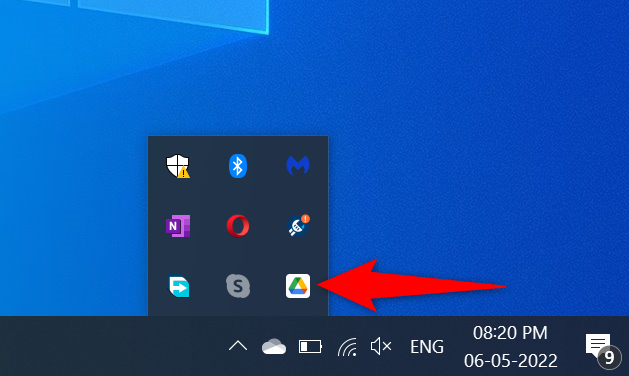 Нажмите значок Google Drive в системном трее.