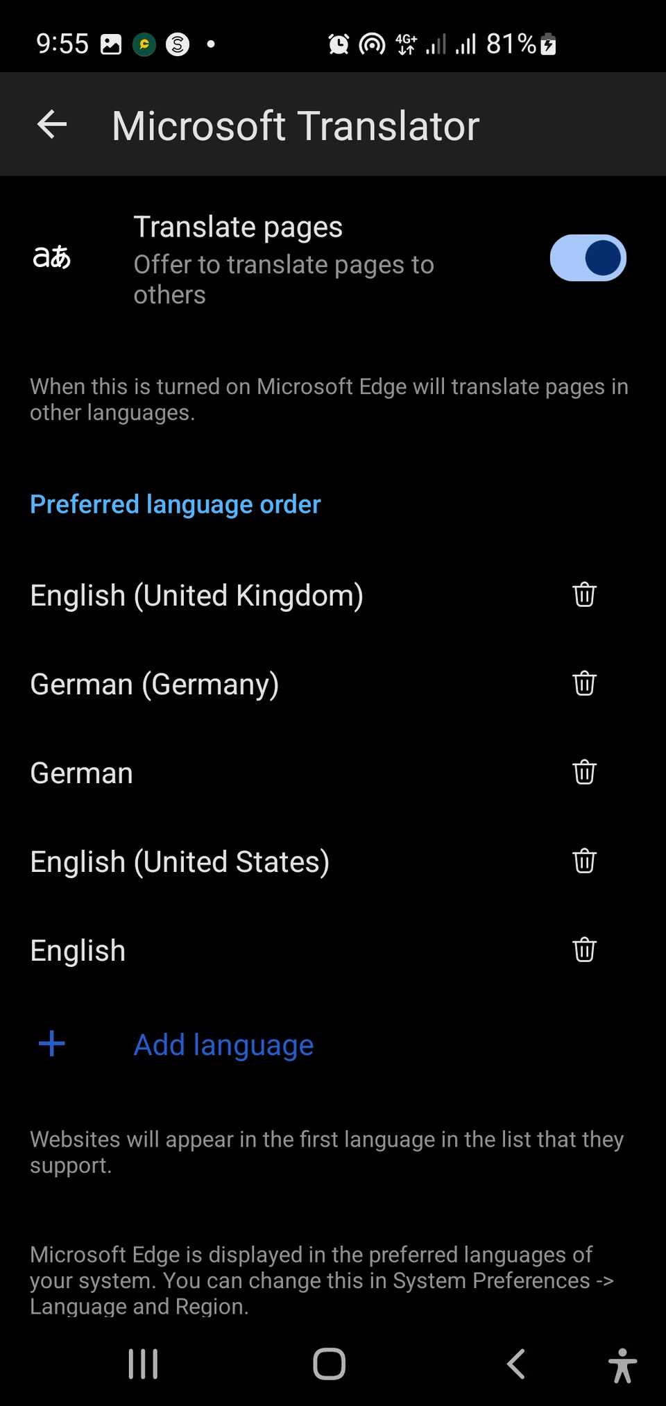 Страница Microsoft Translator в Edge на мобильном устройстве