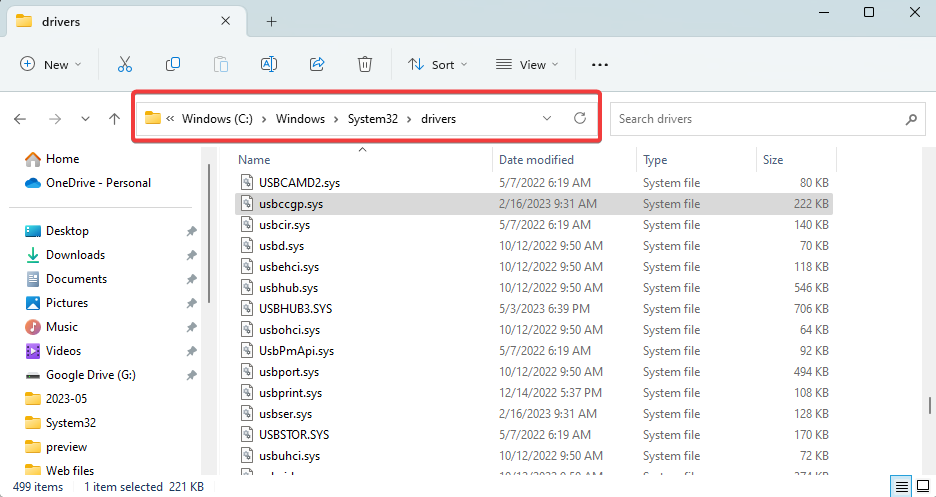 Расположение драйверов в System32 в Проводнике Windows