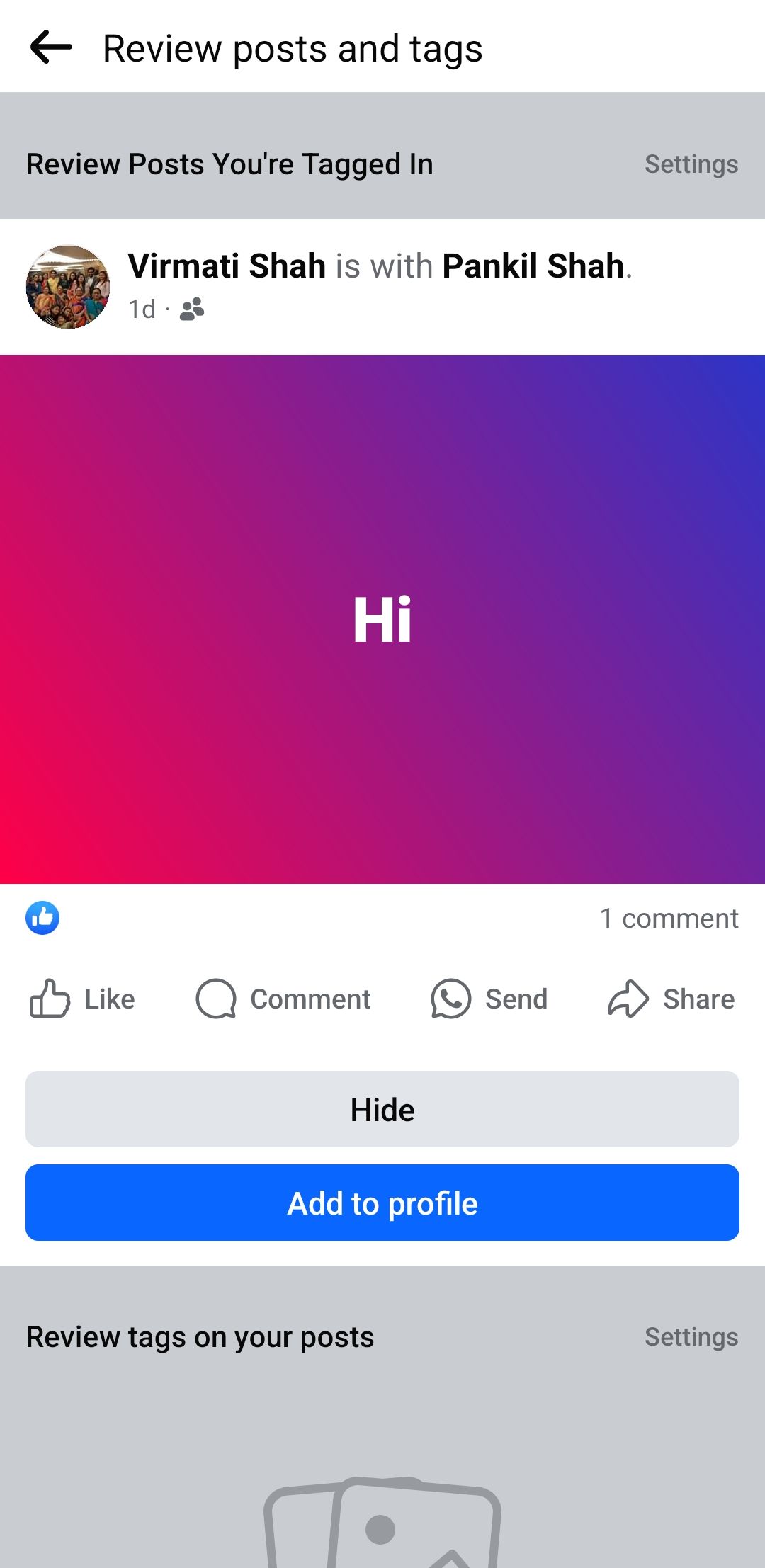 Кнопки «Скрыть» и «Добавить в хронику» для тегов в Facebook