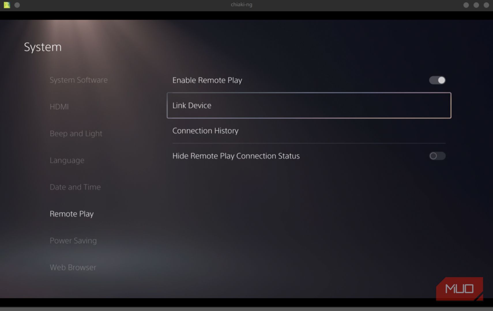 PS5 remote play screen with Link Device selected