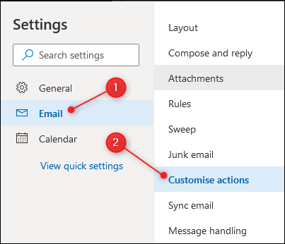 Меню Email с выделенной опцией Customise actions