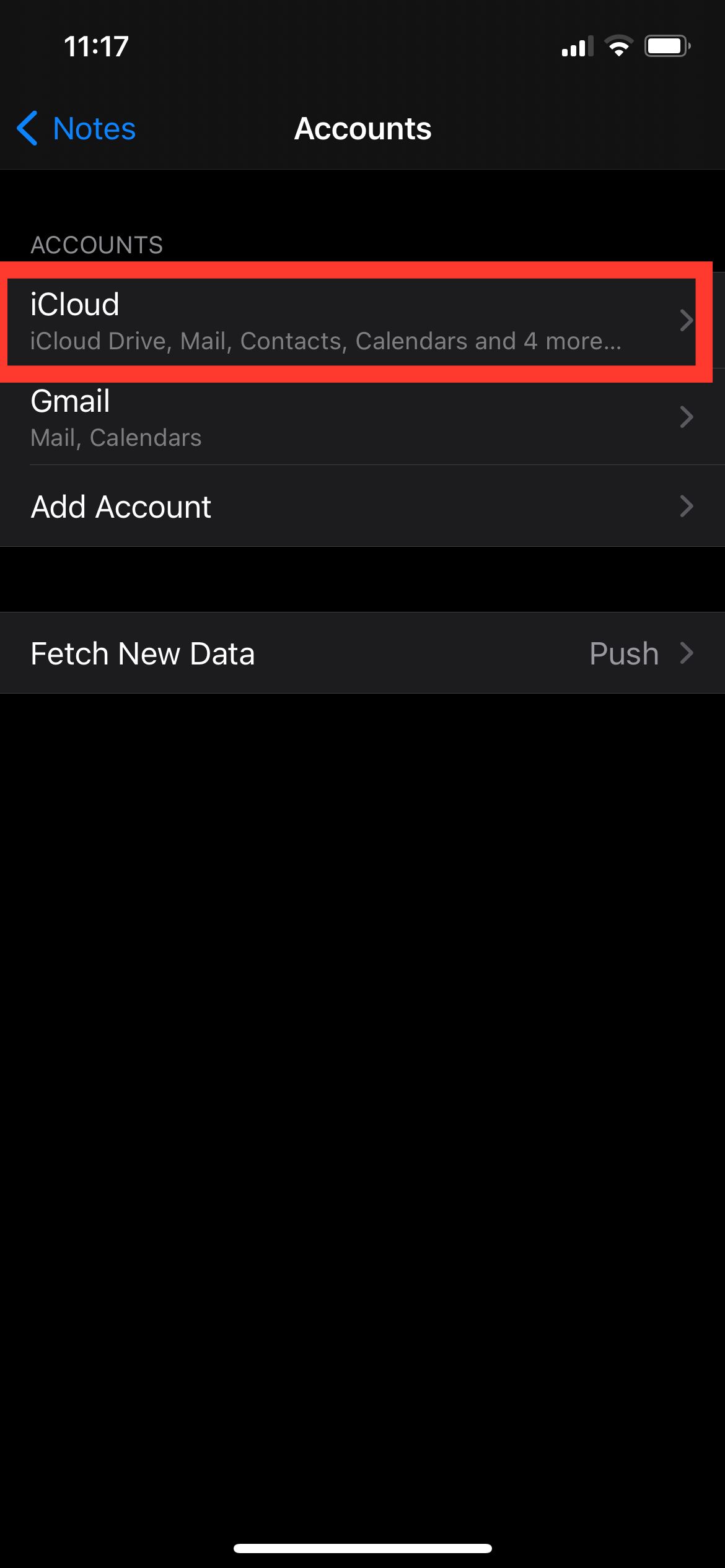 Учётная запись iCloud в Заметках