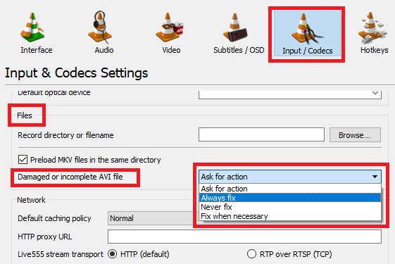 Настройки VLC для автоматической починки AVI