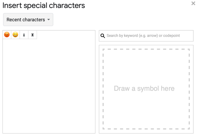 Список недавно использованных символов для повторного применения