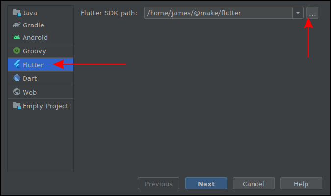 Скриншот создания Flutter проекта с указанием пути SDK