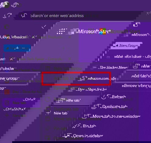 Manually creating a new tab group in Edge.