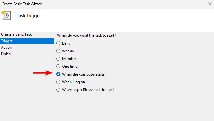 Выбор триггера для задачи в Планировщике