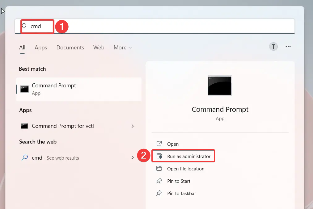 Поиск cmd в меню Пуск Windows, запуск от администратора