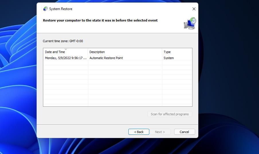Окно выбора точки восстановления System Restore