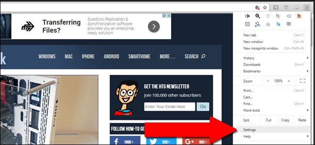 Меню Chrome: значок с тремя точками и пункт Настройки