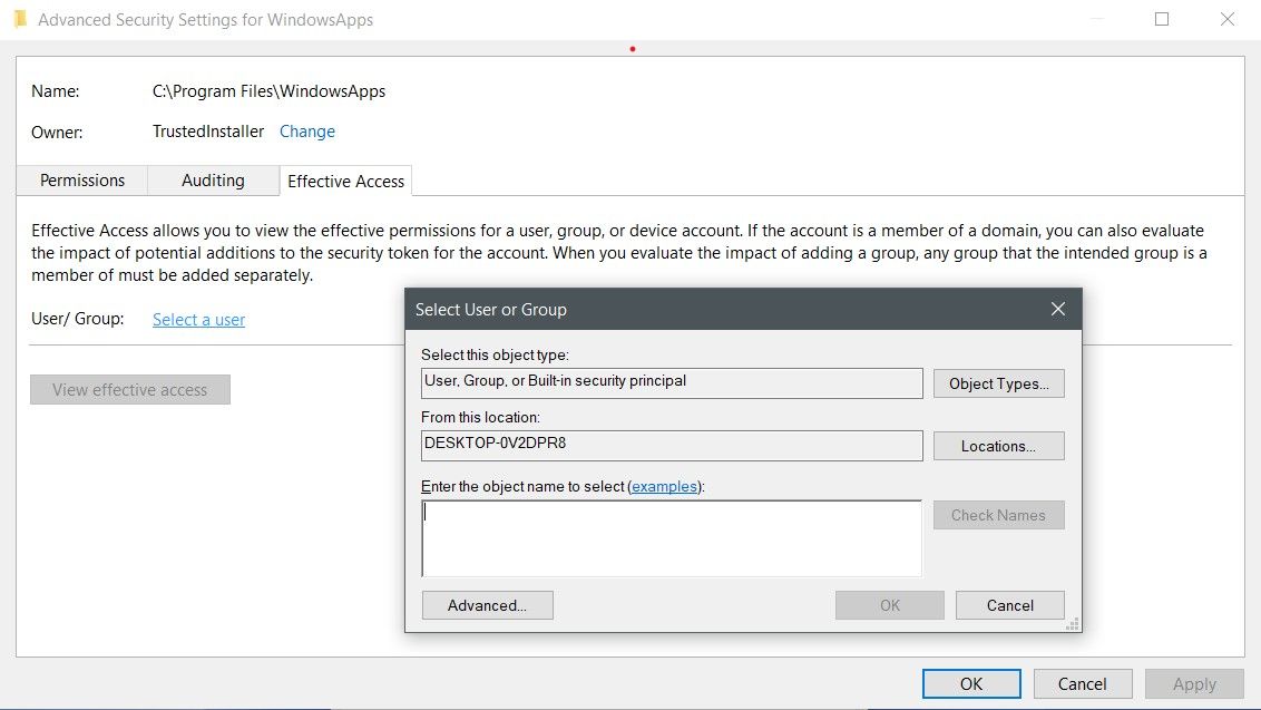advanced security settings in WindowsApps