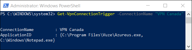 Команда Get-VpnConnectionTrigger в PowerShell