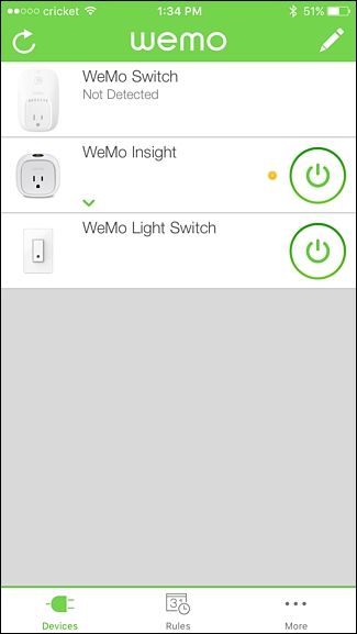 Управление WeMo в приложении, индикатор состояния