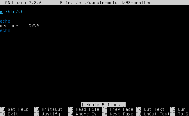 Пример скрипта погоды в /etc/update-motd.d