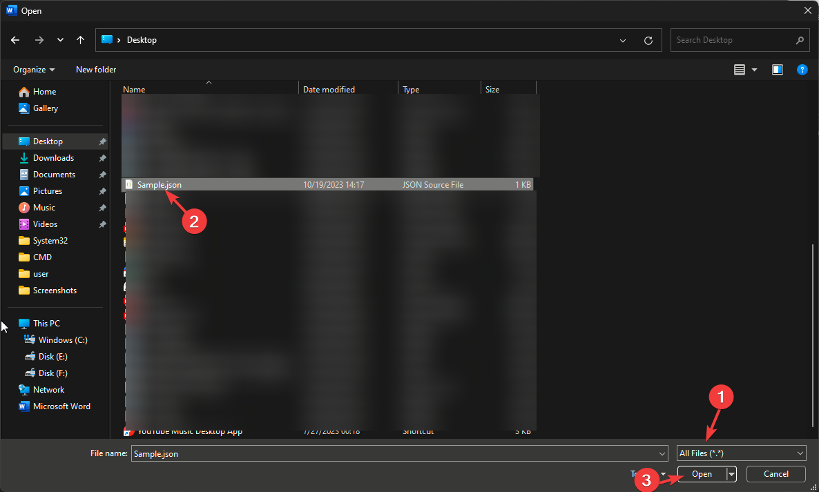 Выбор JSON-файла в Word с форматом Все файлы