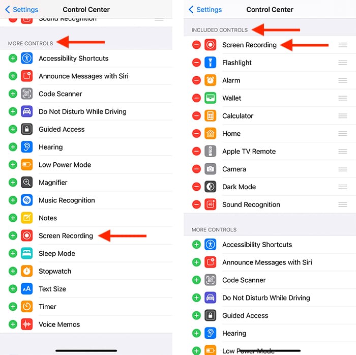 Список «Включённые элементы» и «Дополнительные элементы» в Настройках iPhone