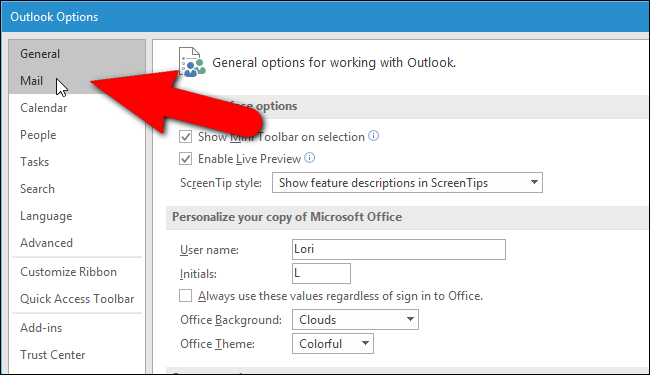 Параметры Outlook — перейти в Options