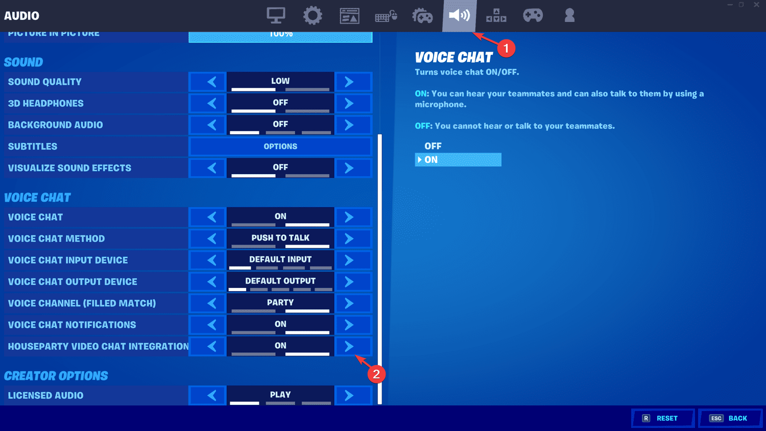 Выключение видео-чата Houseparty в настройках Fortnite