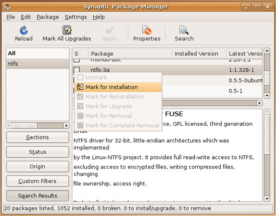 Отметка пакета ntfs-3g для установки