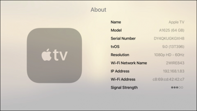 Экран «Об этом» в настройках Apple TV с информацией об устройстве