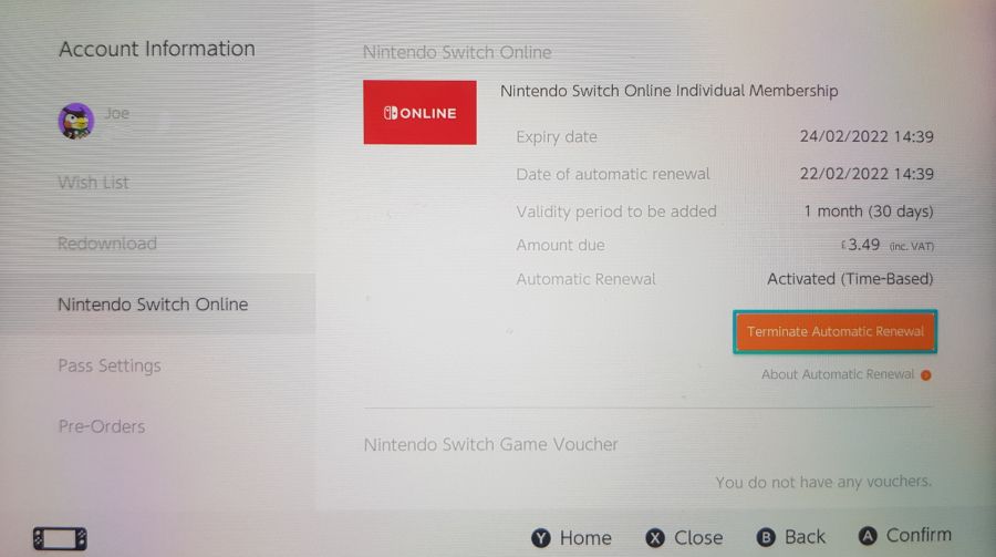 Экран Nintendo eShop на консоли с опцией отключения автопродления