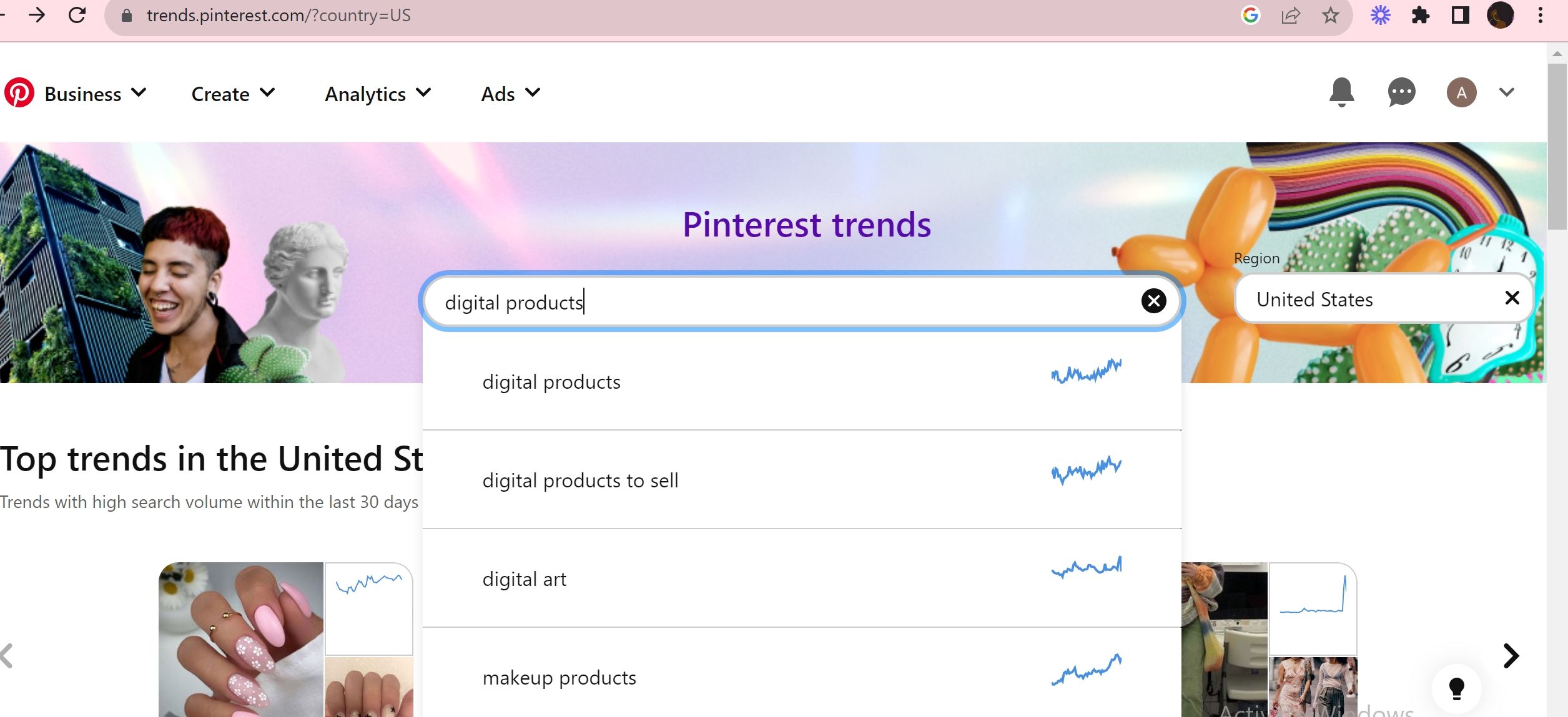 Поиск конкретного ключевого слова в Pinterest Trends