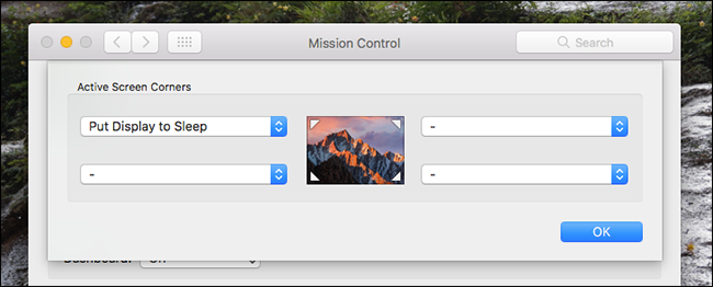 Настройка действия Перевести дисплей в спящий режим для горячего угла