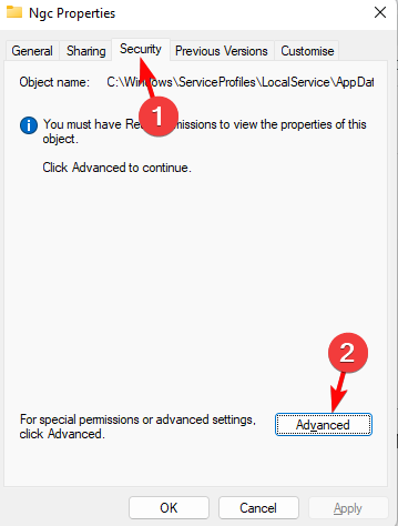 Кнопка дополнительные параметры безопасности для папки NGC