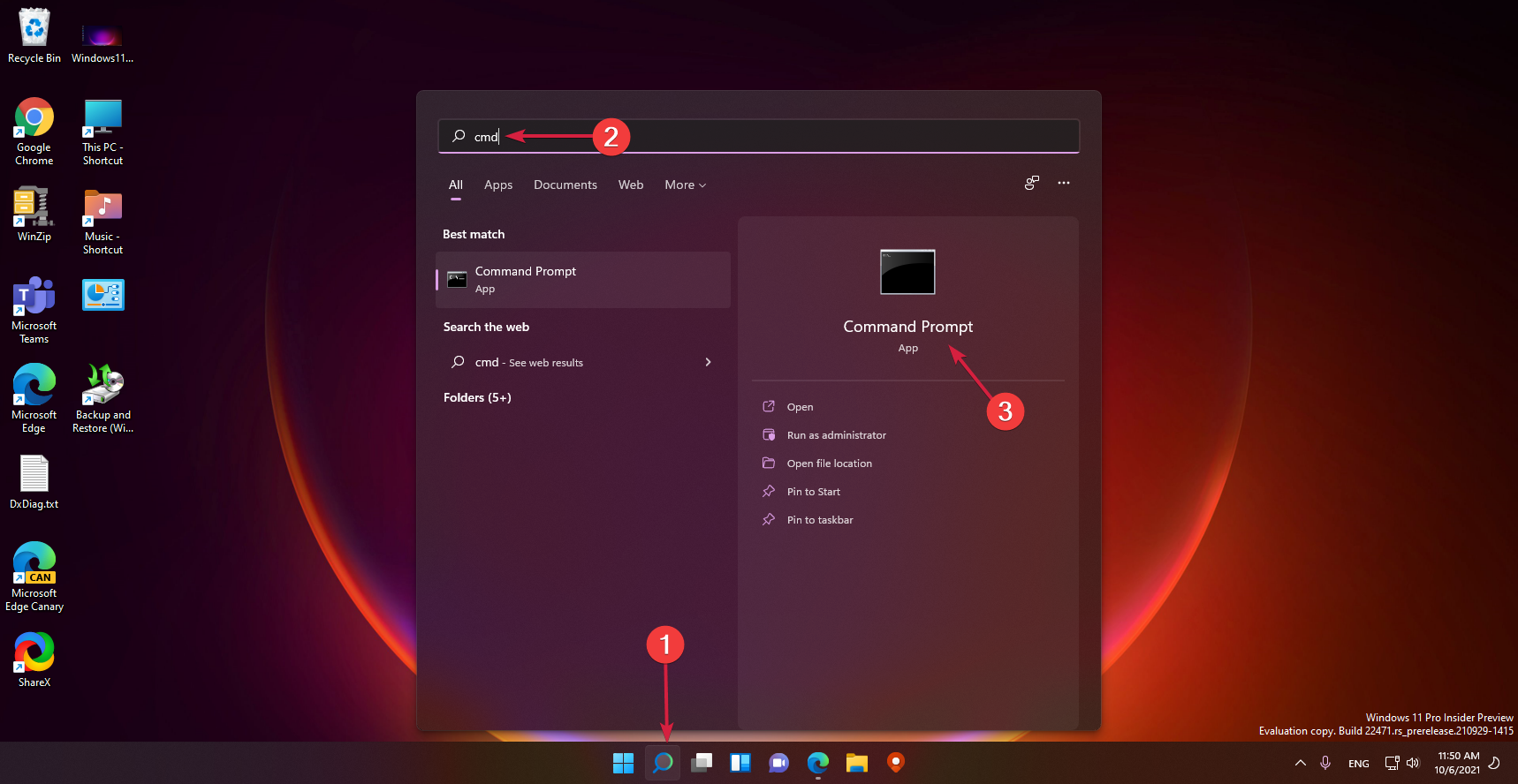 Поиск cmd в Windows 11