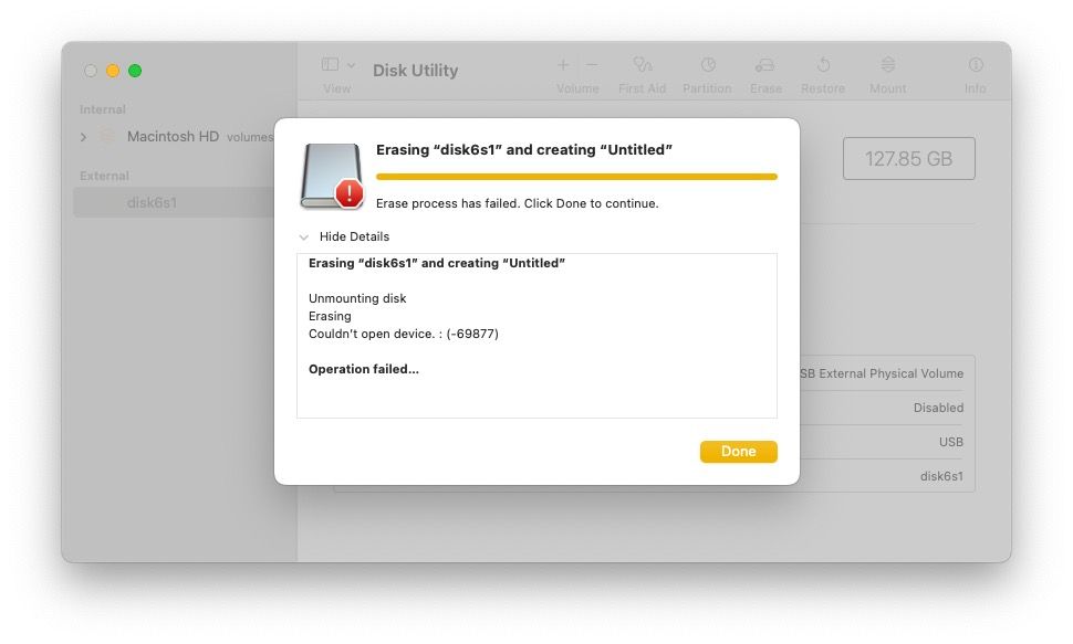 Скриншот ошибки «Только для чтения» в Disk Utility на Mac