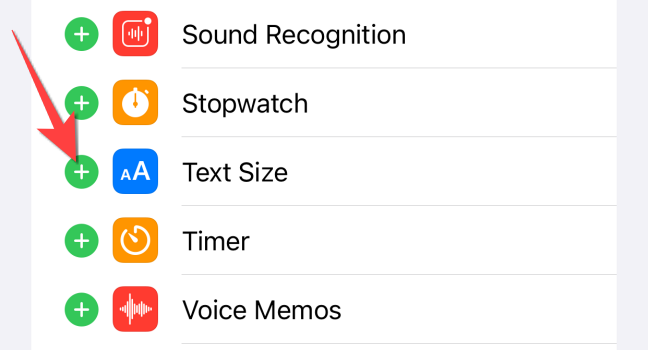 Нажмите зелёную кнопку плюс, чтобы добавить «Размер текста» в список включённых элементов.