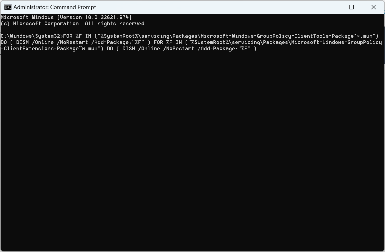 Выполнение команд для установки Group Policy Editor