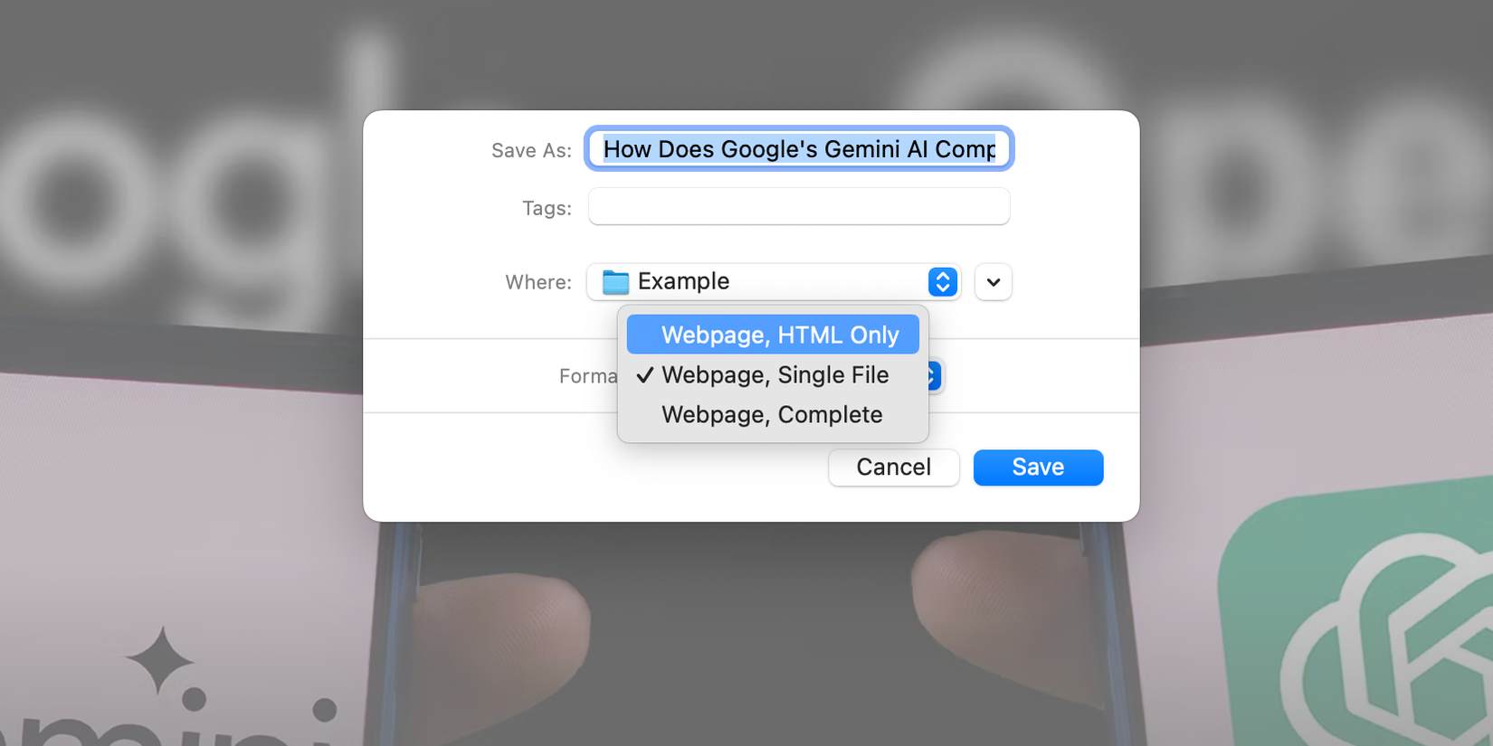 Диалог выбора формата сохранения в Chrome с тремя вариантами