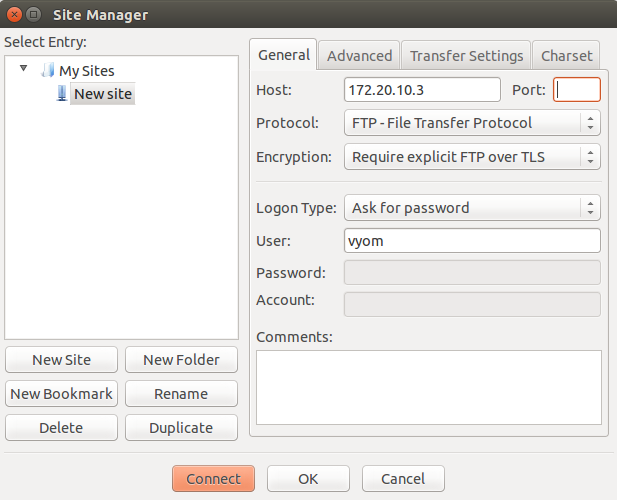 Добавление данных FTP-сервера в FileZilla