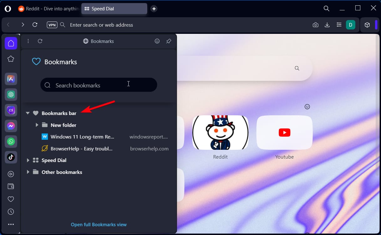 Менеджер закладок в боковой панели