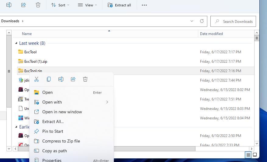 Опция Извлечь все для ZIP