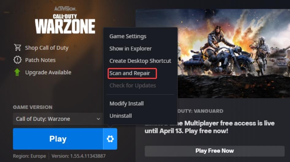 Опция Сканировать и восстановить в Battle.net