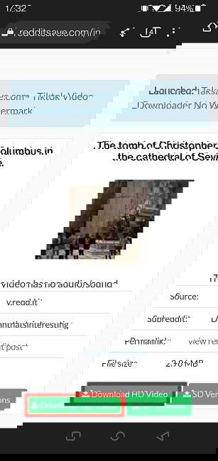 Кнопки скачивания на redditsave після обробки посилання