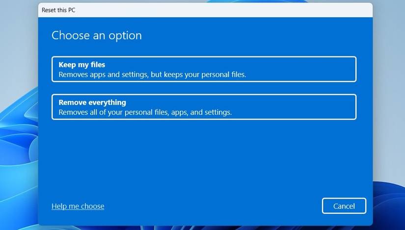 Параметры сброса при восстановлении Windows