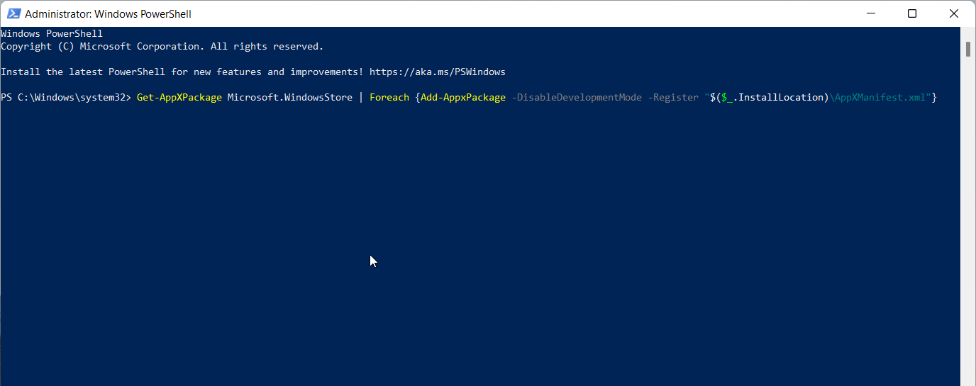 Esecuzione del comando PowerShell per reinstallare Microsoft Store